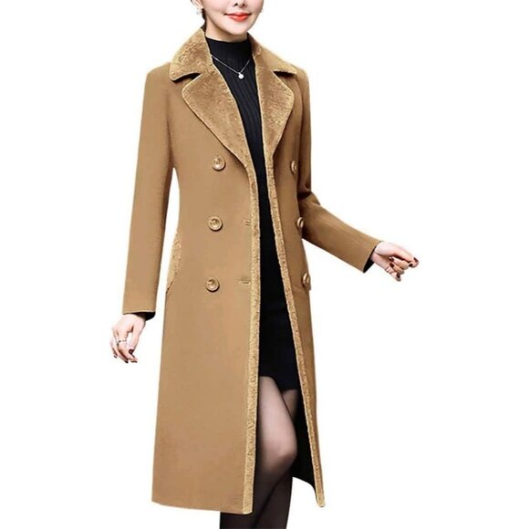 Jackets & Blazers - Women's Fur Collar Wool Coats Double Breasted Long Peacoat Jackets Camel